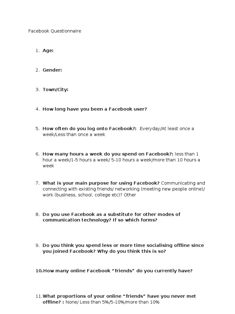 Facebook Questionnaire | PDF | Facebook | Online And Offline