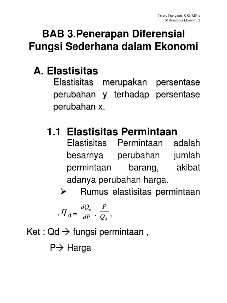 Bab 3 Penerapan Diferensial Fungsi Sederhana Dalam Ekonomi Dan Bab 4