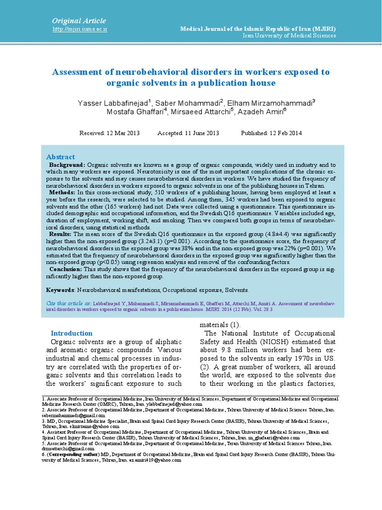 Assessment of Neurobehavioral Disorders in Workers Exposed To Organic