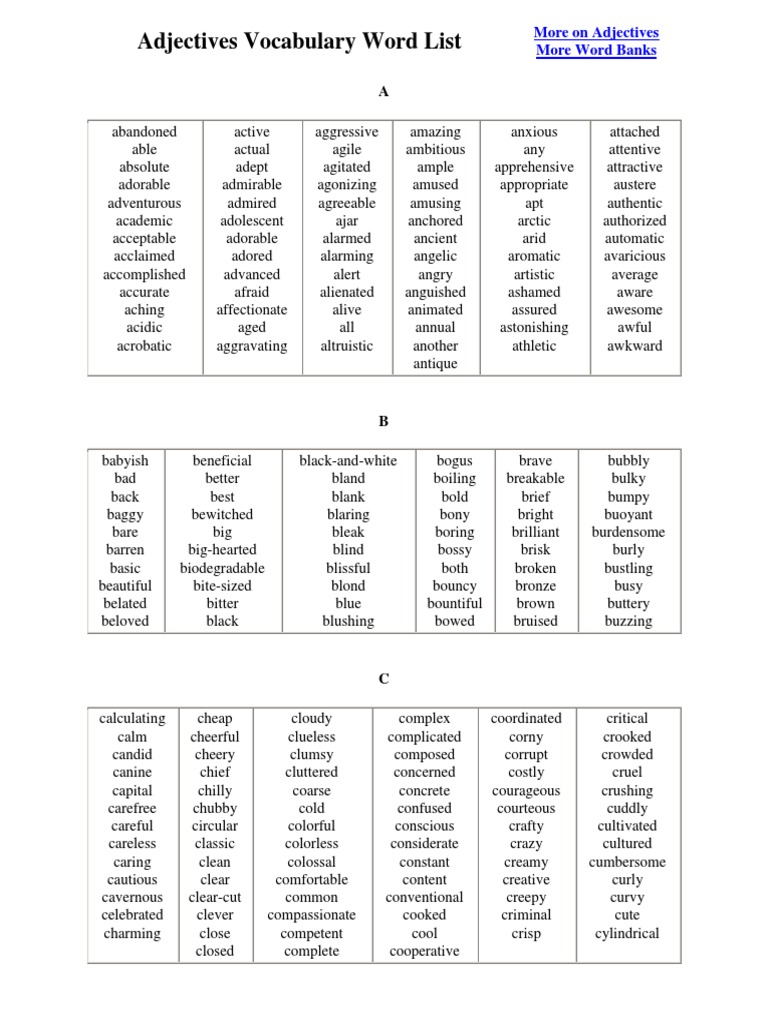 Adjectives Vocabulary Word List | PDF | Adjective | Linguistic Typology
