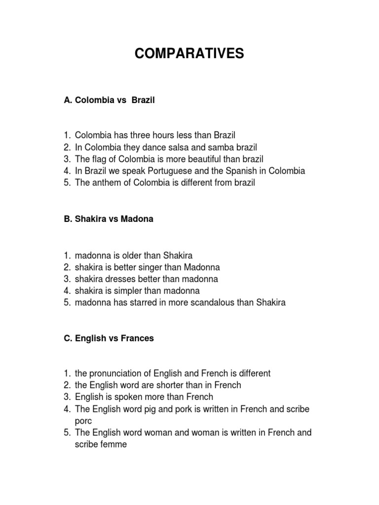 Comparatives: A. Colombia Vs Brazil | PDF | French Language | English ...