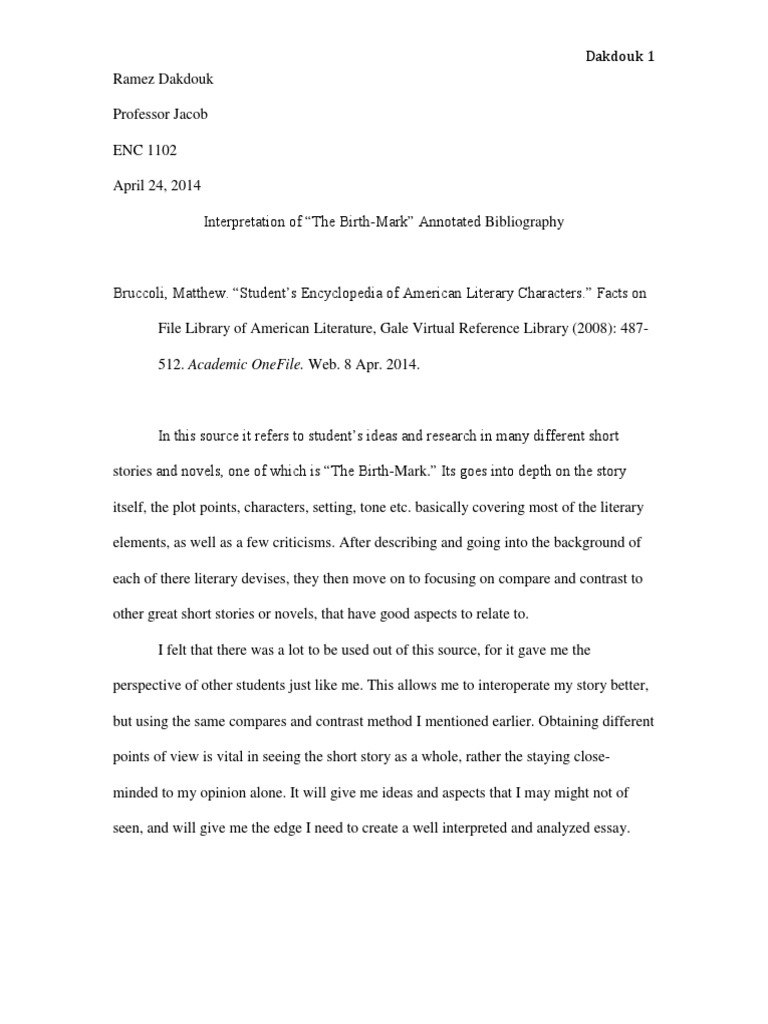 Annotated bibliography the birthmark picture