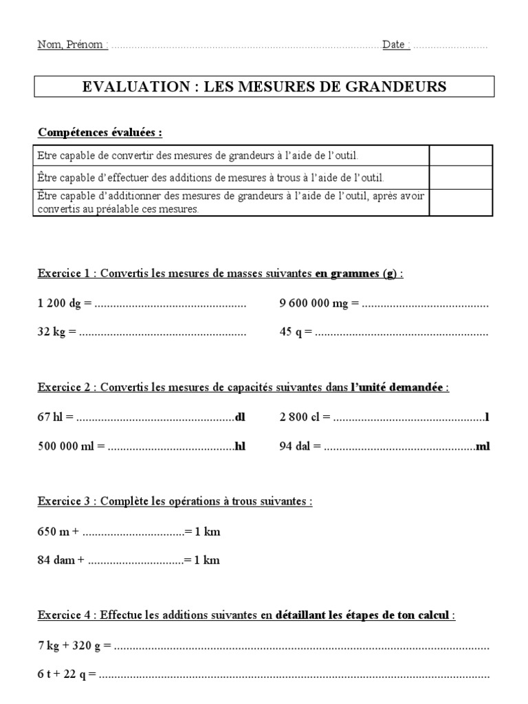 Evaluation Maths Cm2