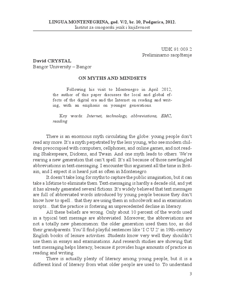 David Crystal, On Myths and Mindsets | PDF | Text Messaging | Blog