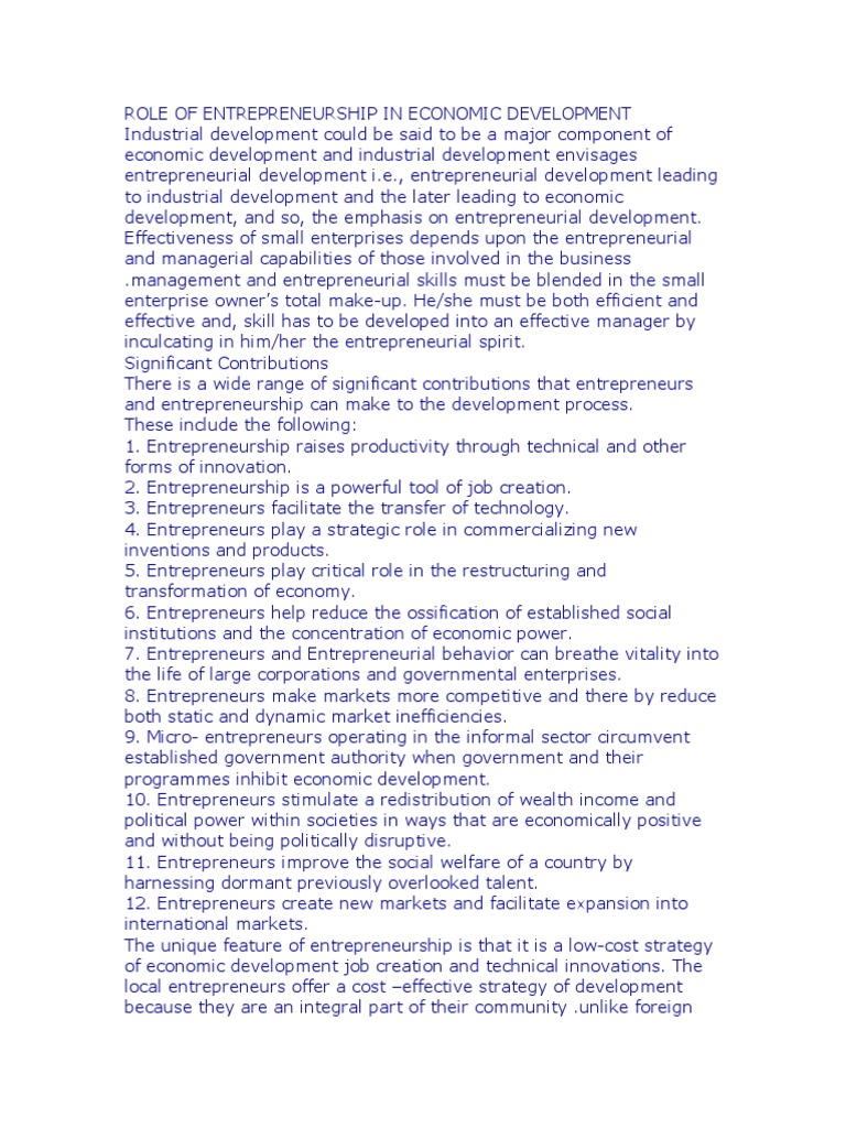Role of Entrepreneurship in Economic Development | PDF