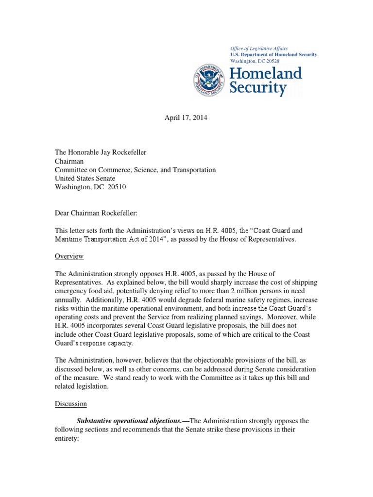 DHS Coast Guard Letter | PDF | United States Coast Guard | Coast Guard