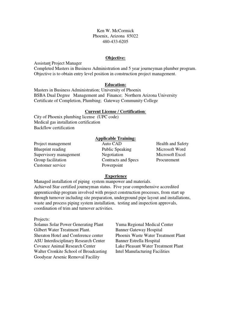 Construction Estimator Project Manager In Phoenix Az Resume Ken