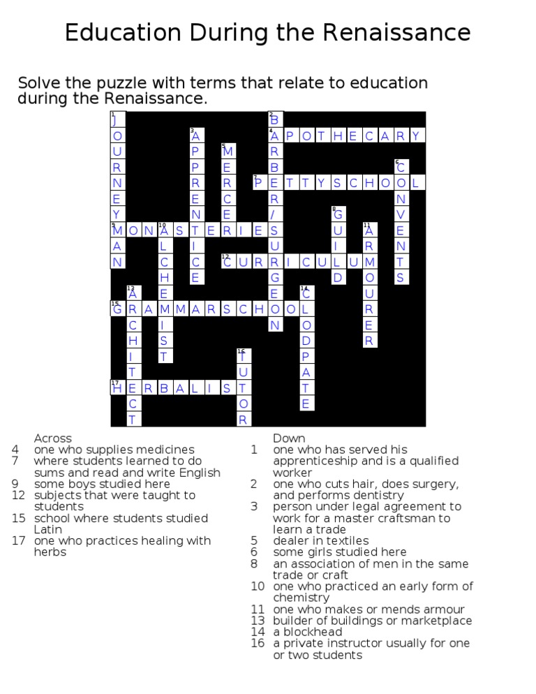 Education During the Renaissance Crossword Puzzle Answer Key Puzzles Jeux d'adresse mentale