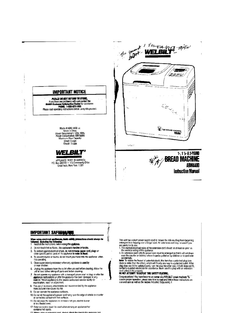 Welbilt Bread Machine Model 4400 Instruction Manual | PDF