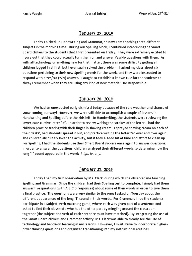 journal entries week of jan 2731 student teaching Pedagogy Teaching