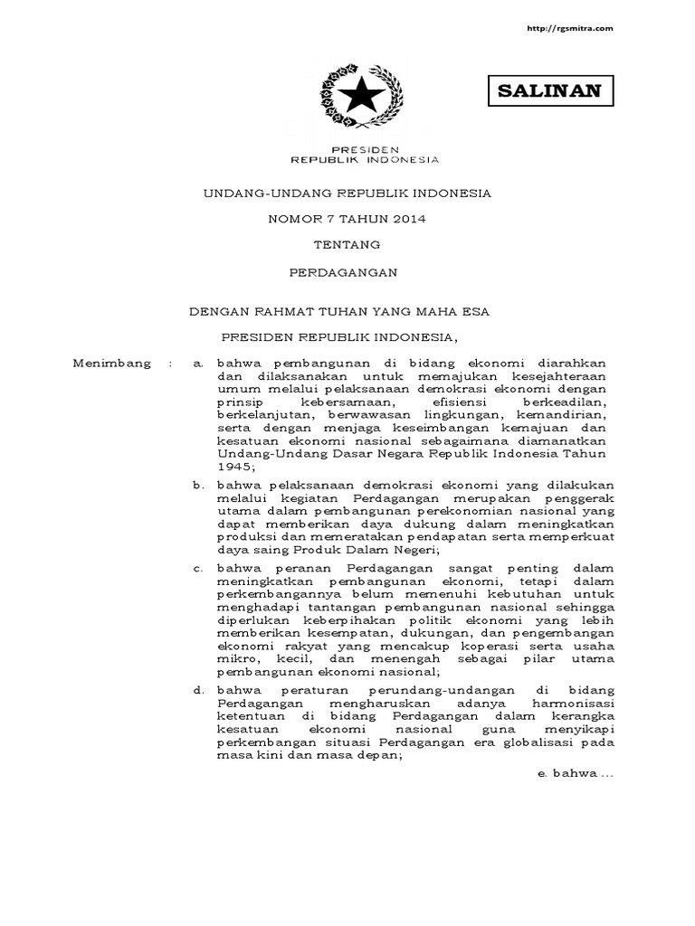 Undang Undang Uu Nomor 7 Tahun 2014 Tentang Perdagangan