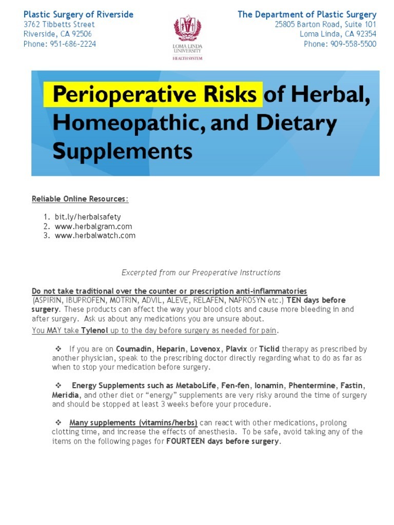 Preop List of Medications to Stop before Surgery Vitamins, Minerals, Herbals, Medications