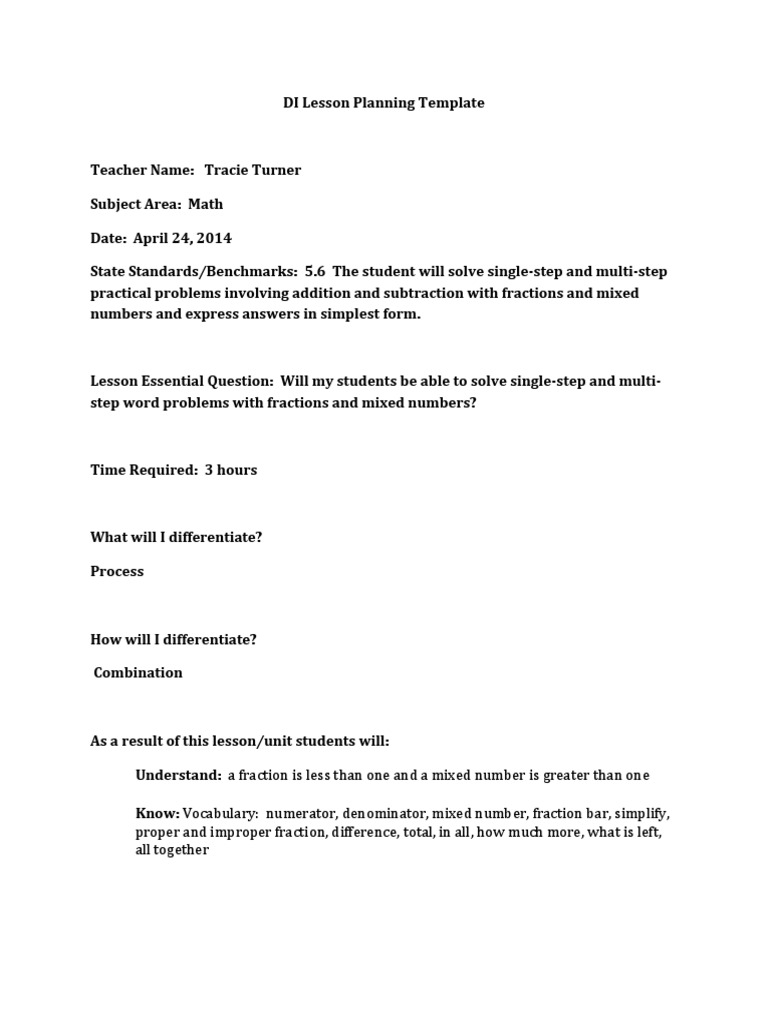 Di Lesson Planning Template | PDF | Fraction (Mathematics) | Lesson Plan