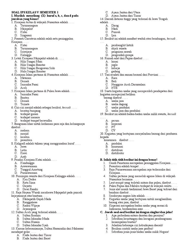 Soal Uas IPS Kelas 5 Semester 1