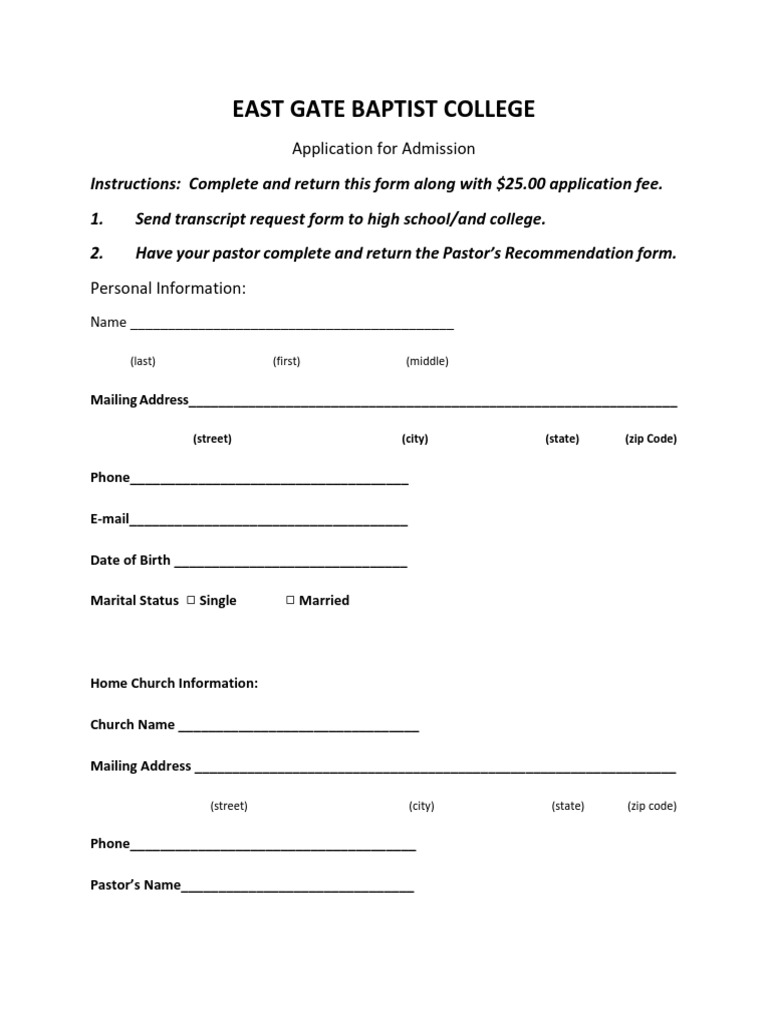 East Gate Baptist College Admission Form | PDF | Career & Growth ...