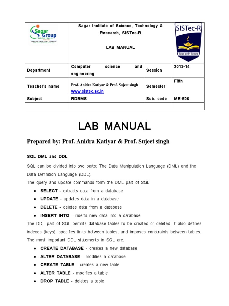 Dbms Lab Manual RGPV PDF Pl/Sql Sql