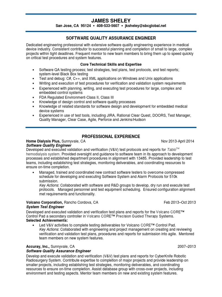 Quality Engineer Medical Devices in San Francisco Bay CA Resume James