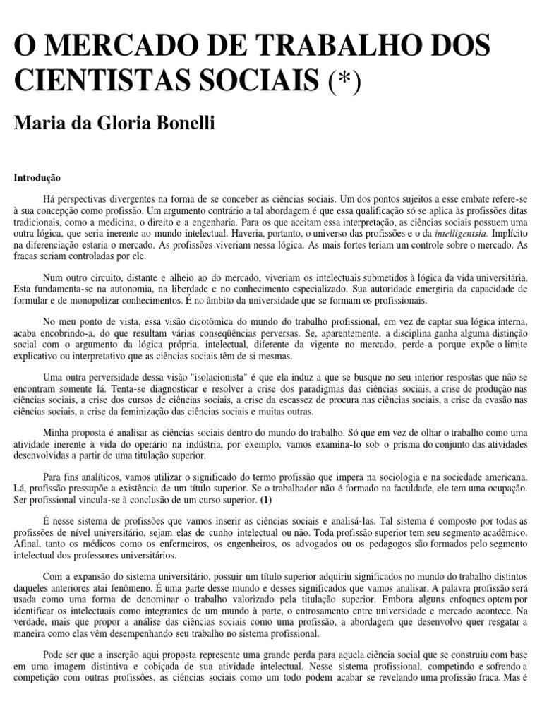 Mercado de Trabalho em Ciências Sociais | PDF | Ciências Sociais ...