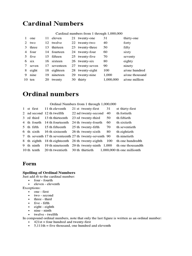 Cardinal and Ordinal Numbers Guide PDF