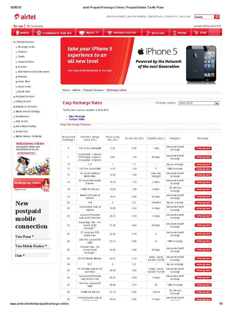 Airtel Prepaid Recharge Online - Prepaid Mobile Tariffs Plans | PDF ...