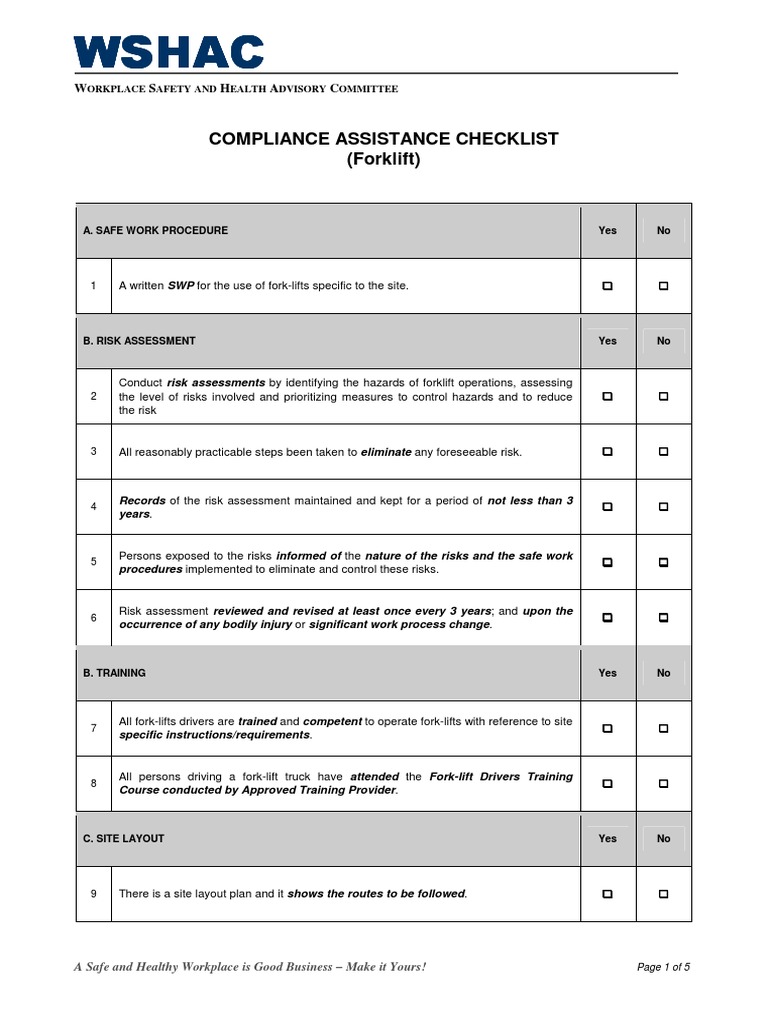Forklift Checklist Forklift Occupational Safety And Health