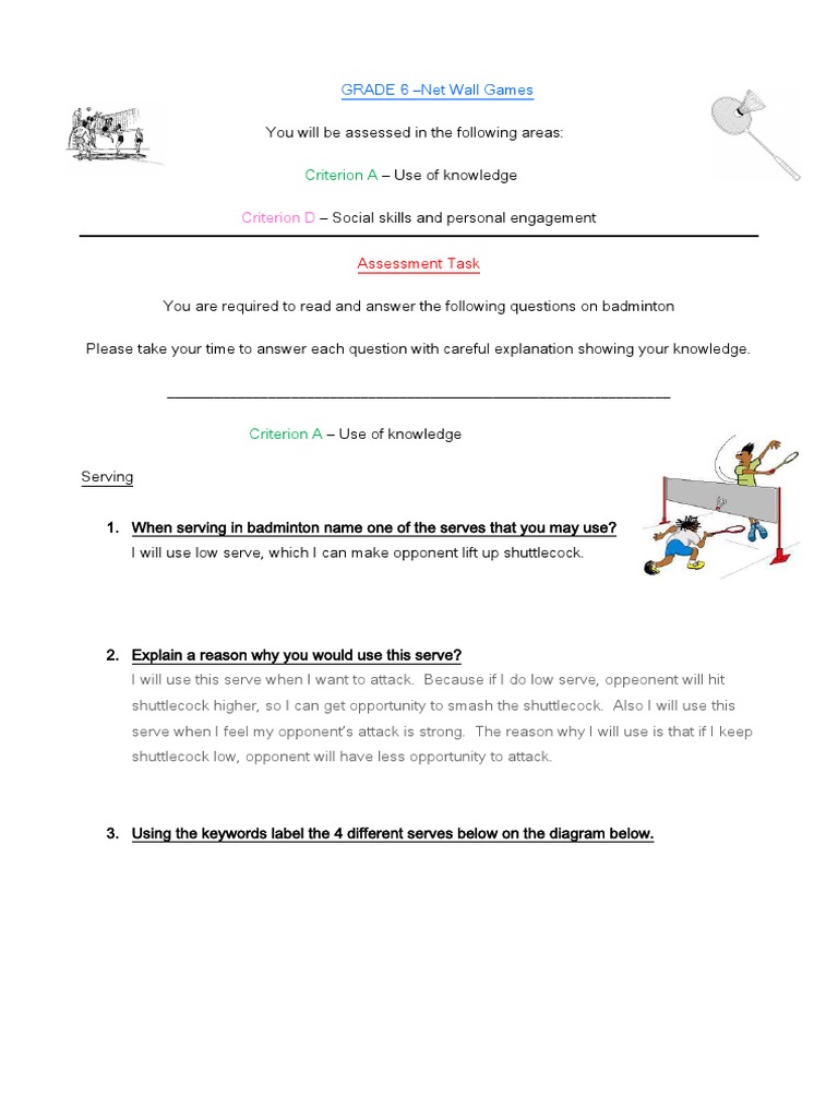 Grade 6 Badminton Assessment 1 Athletic Sports Sports
