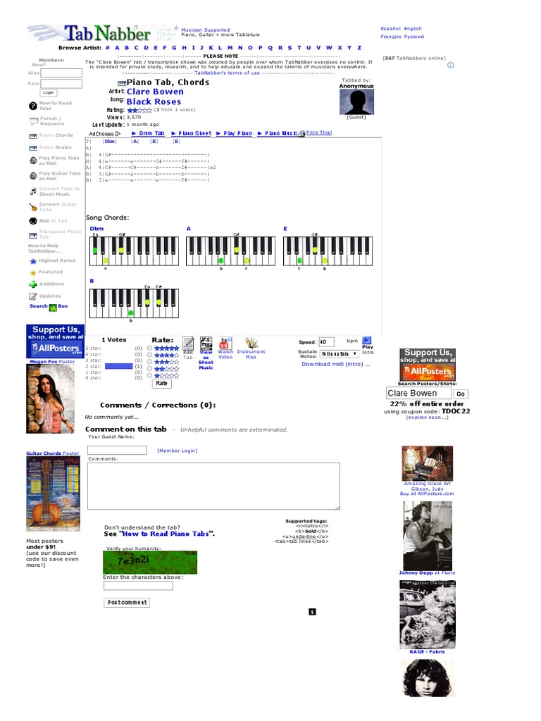How To Play Clare Bowen - Black Roses Piano Tabs, Chords, Midi, Sheet ...