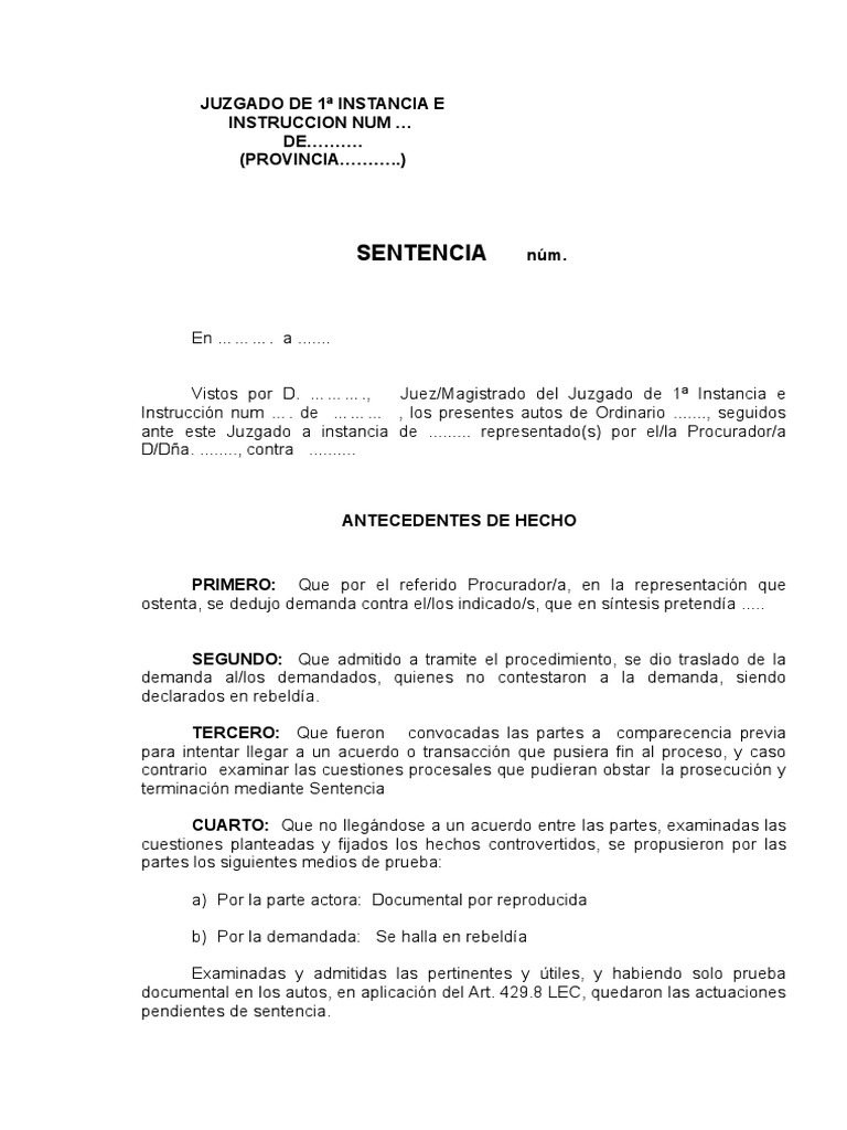 Modelo Sentencia Juicio Ordinario 429.8 Lec (1) | Sentencia (Ley ...