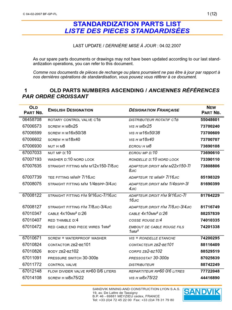 S00 Standardization Parts List | PDF | Vis de fixation | Soupape