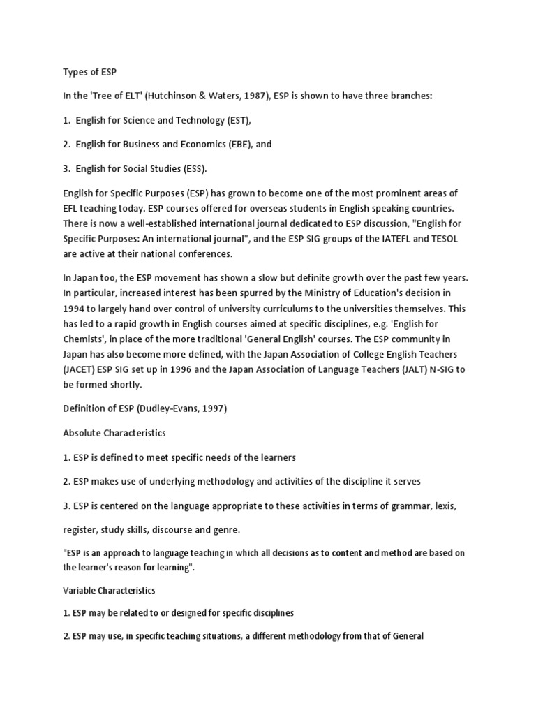 Definition of ESP English As A Second Or Foreign Language English Language