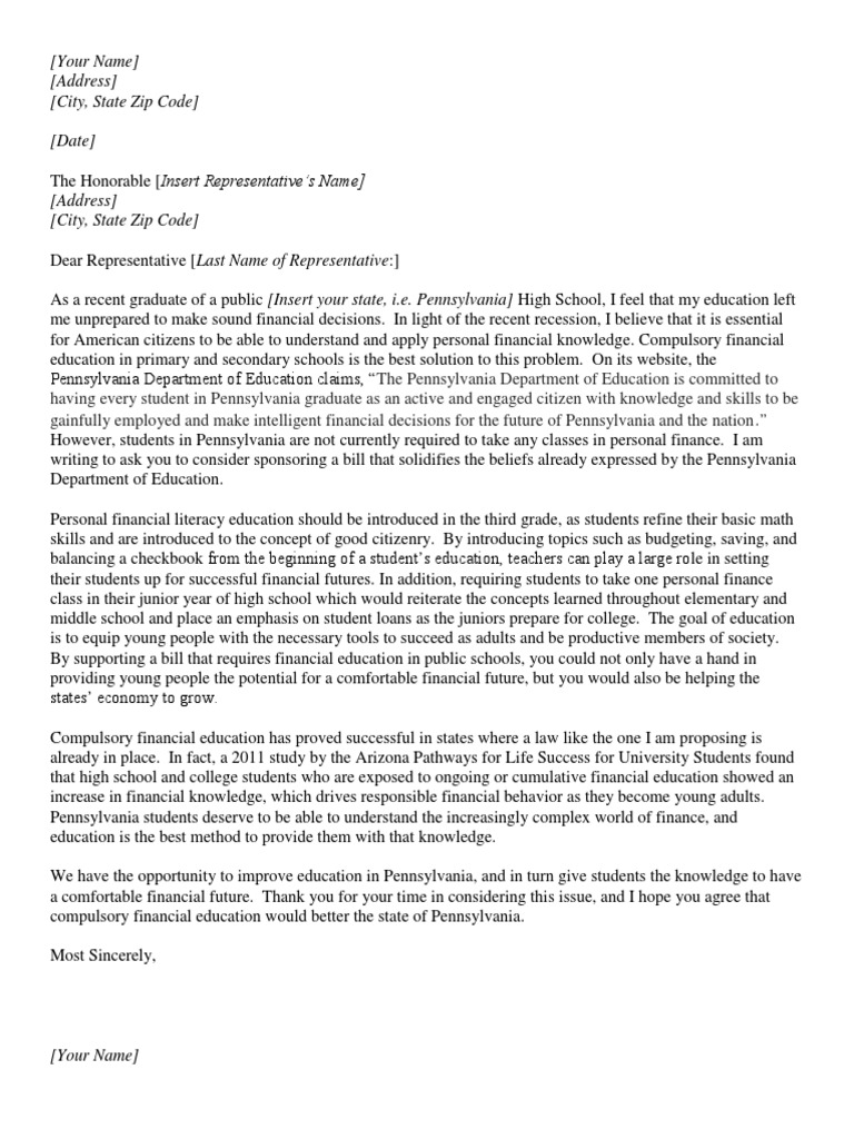 Sample Letter To A Representative PDF Secondary School Financial
