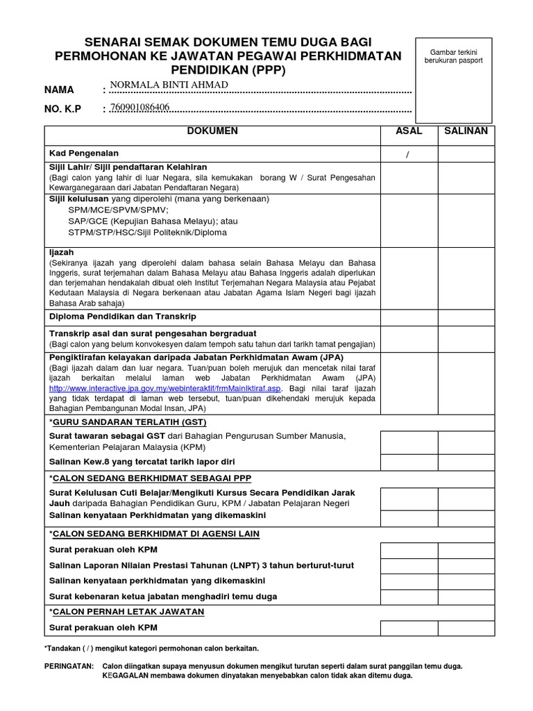 Borang Senarai Semak Temu Duga Ke Jawatan PPP  PDF