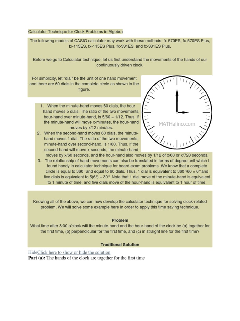 Calculator Technique For Clock Problems in Algebra | PDF | Clock | Time