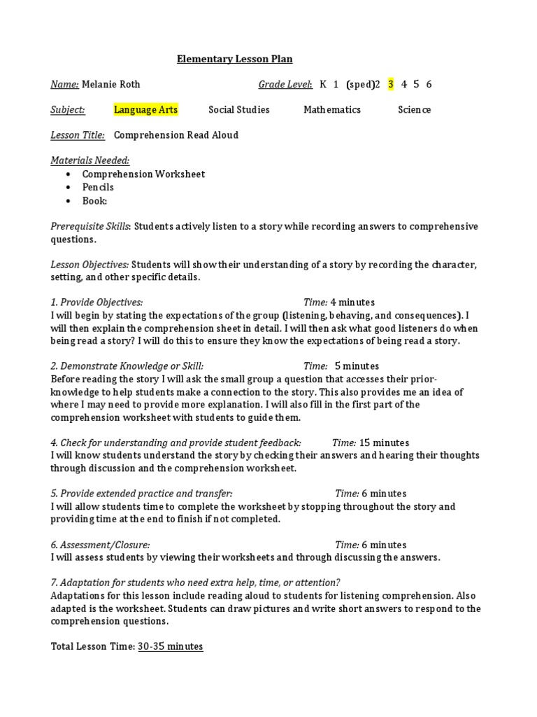 Elementary Lesson Plan | PDF | Reading Comprehension | Lesson Plan