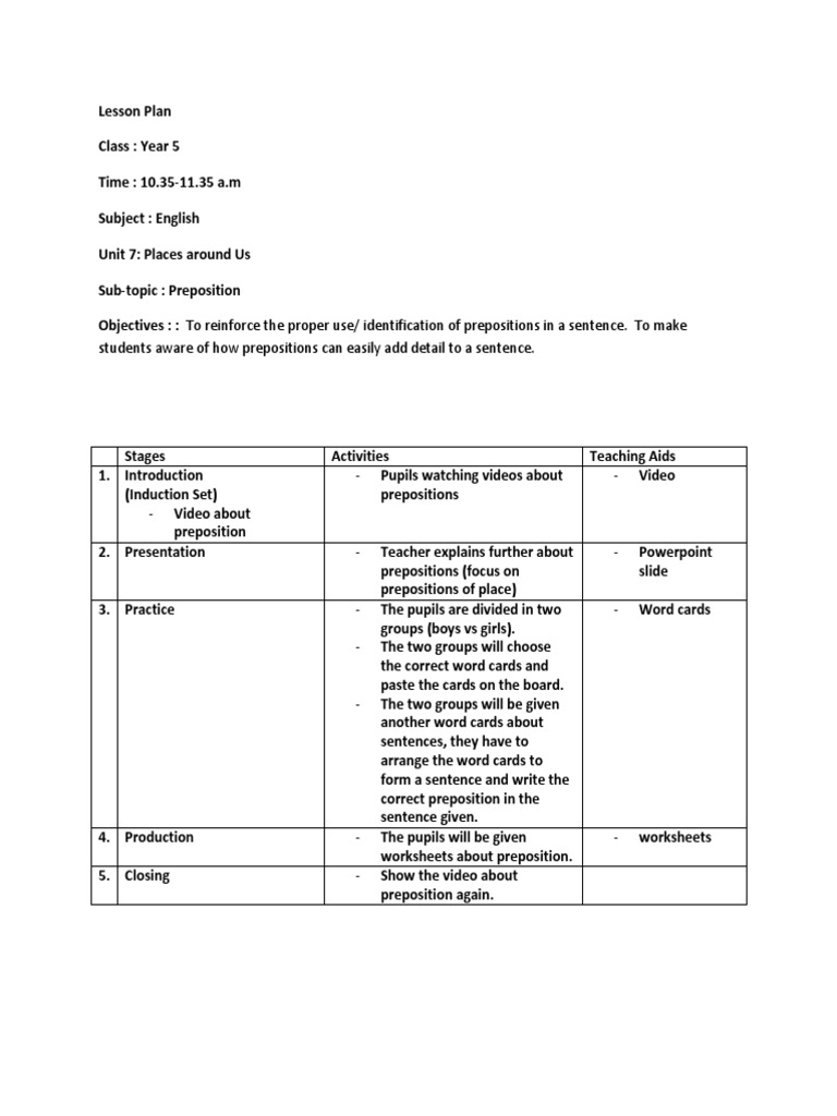 Preposition Lesson Plan PDF