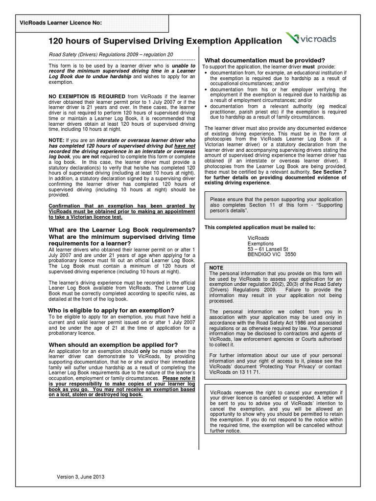 Exemption Application Form 120 Hours of Supervised Driving 
