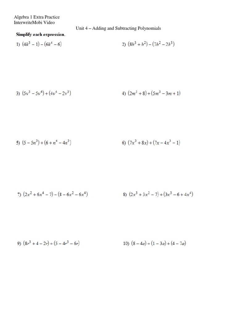 Adding & Subtracting Polynomials Practice | PDF