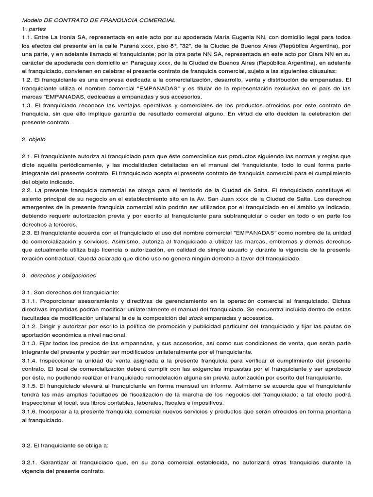 Modelo De Contrato De Franquicia Comercial Franquiciamiento Pagos