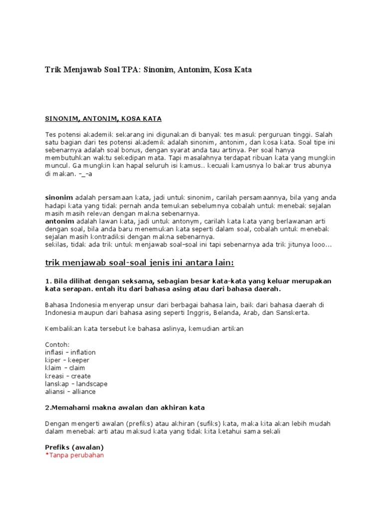 Daftar Sinonim Dan Antonim Kata