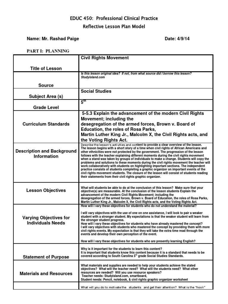 Reflective Lesson Plan Civil Rights Movement Differentiated