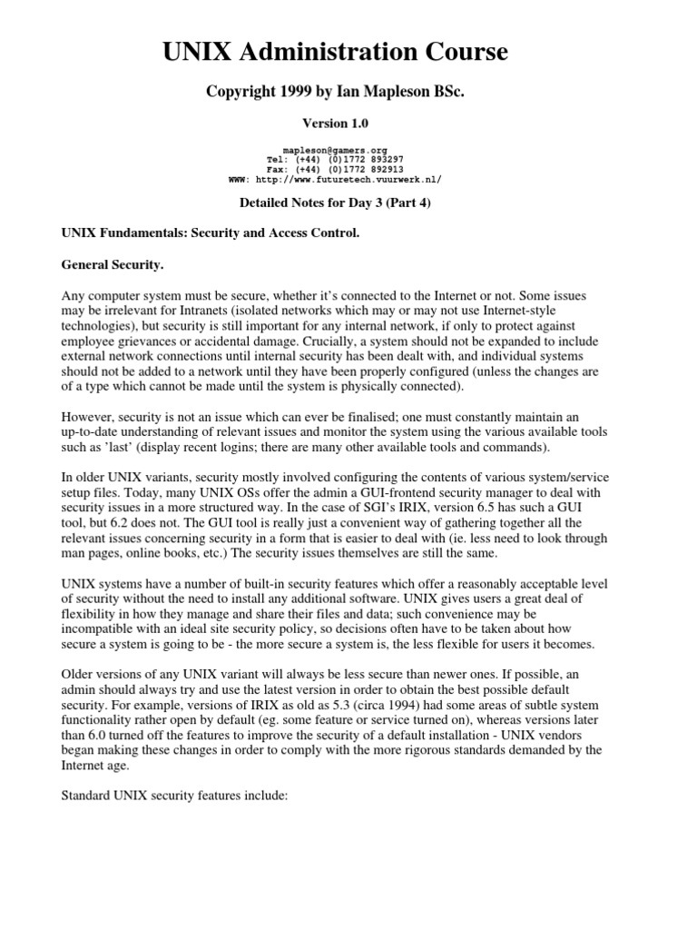 UNIX Administration Course: Tel: (+44) (0) 1772 893297 Fax: (+44) (0 ...