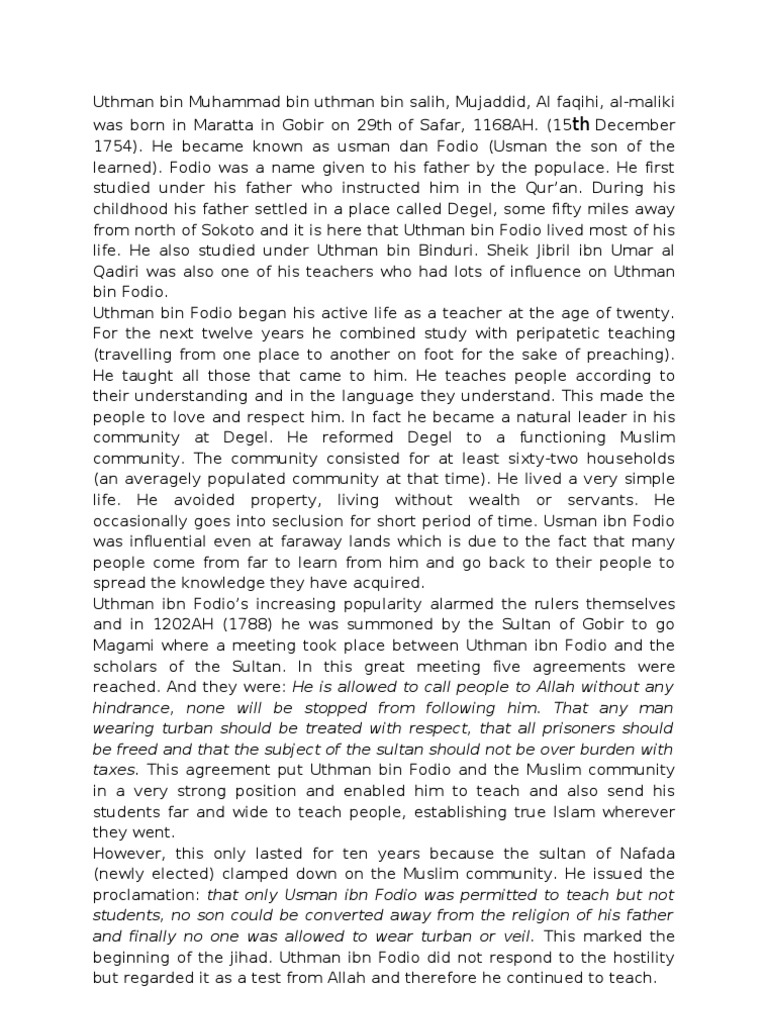 Uthman Bin Muhammad Bin Uthman Bin Salih Ibn Fodio PDF Middle East