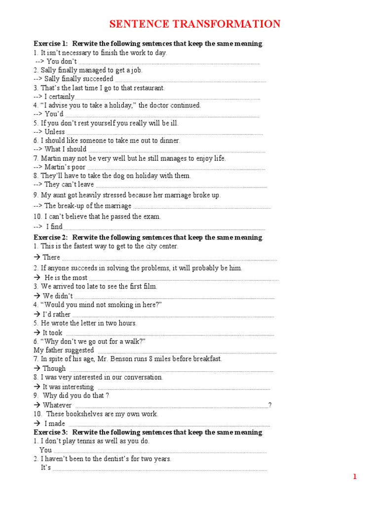 Sentence Transformation Exercises | PDF