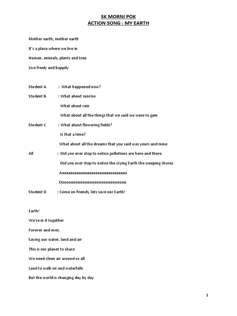 My Earth Action Song Pdf Environmentalism Earth