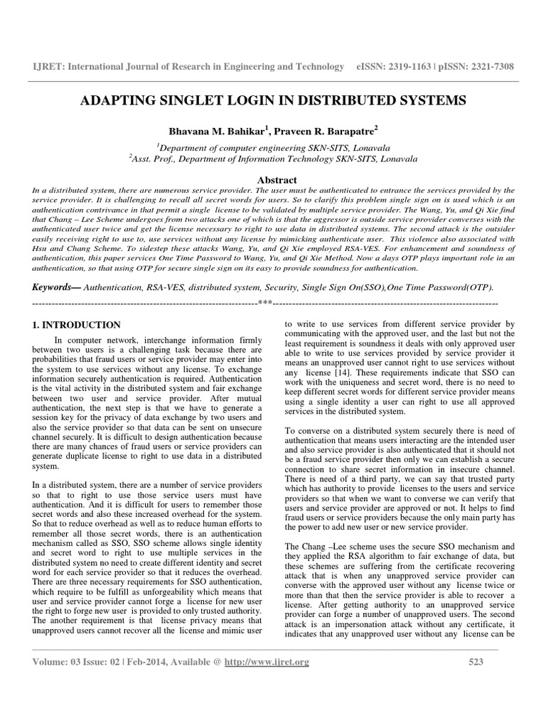 Adapting Singlet Login in Distributed Systems | PDF | Public Key ...