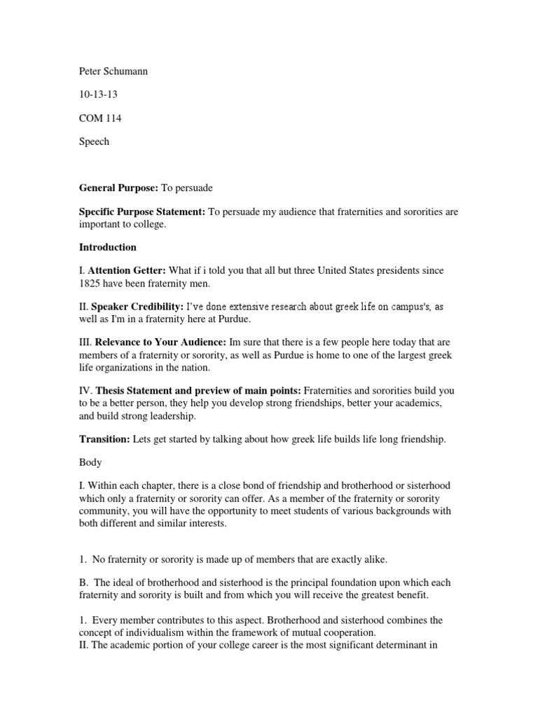 Speech Article | PDF | Fraternities And Sororities | Leadership