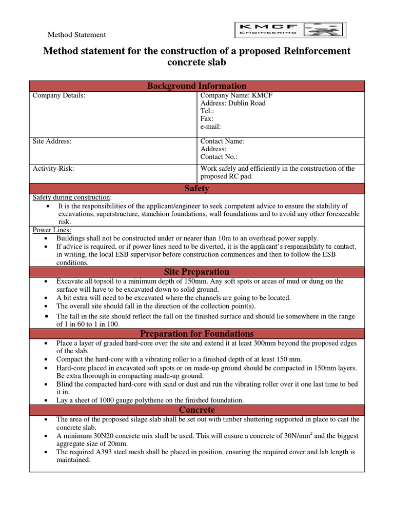 Method Statement for RC Slab Construction | PDF | Concrete | Building ...