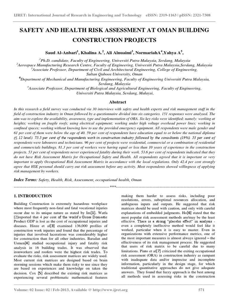 Safety and Health Risk Assessment at Oman Building Construction