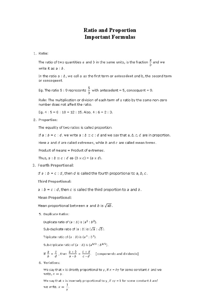Ratio and Proportion Important Formulas | PDF