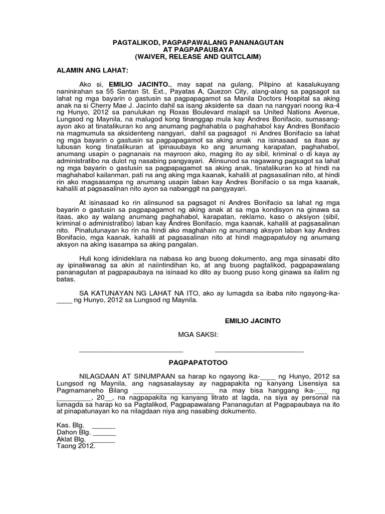 Waiver Na Tagalog